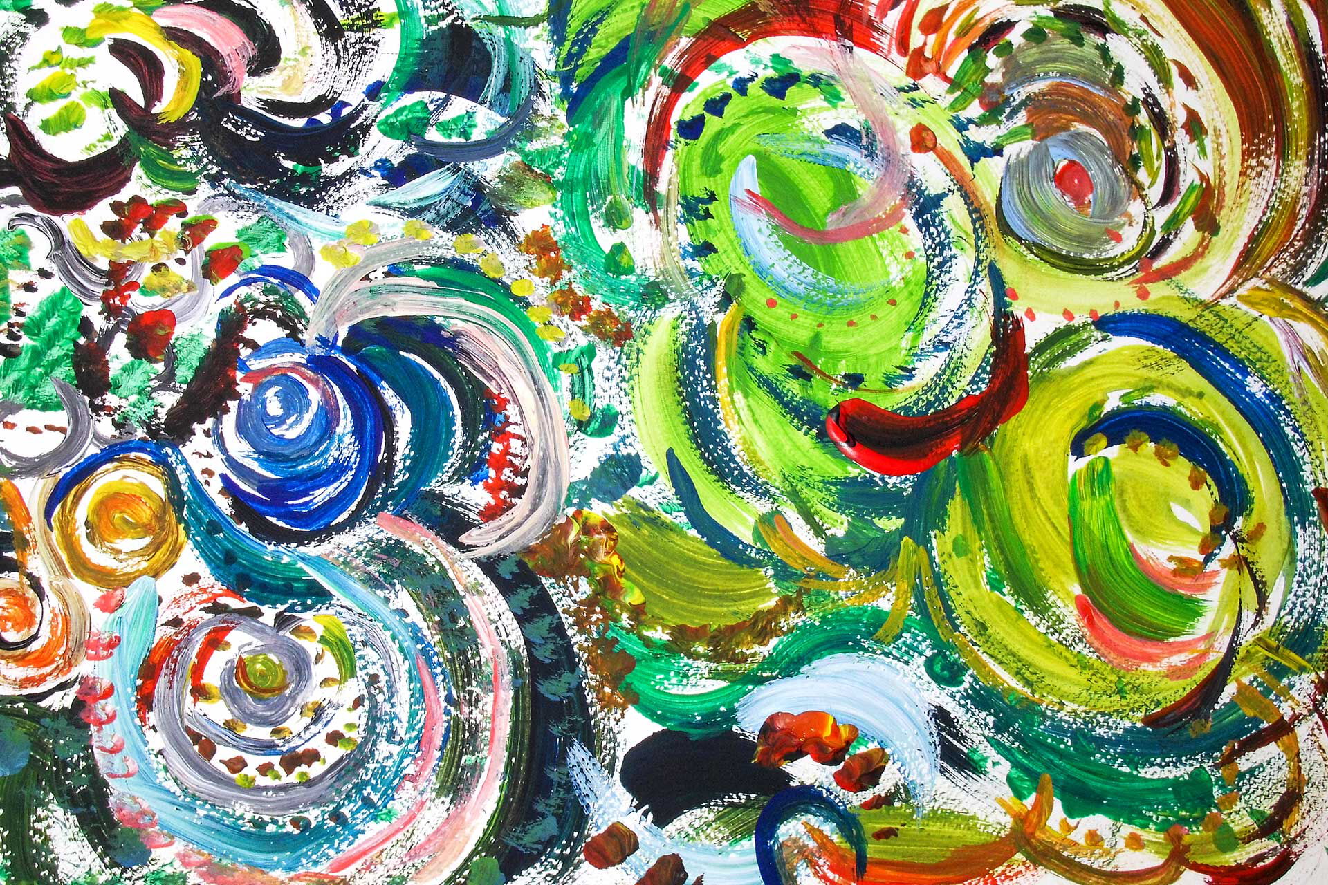 Ein abstraktes Gemälde aus der Malen- und Zeichenwerkstatt des Kreativzentrums. Es fließen viele bunte Kreise ineinander.