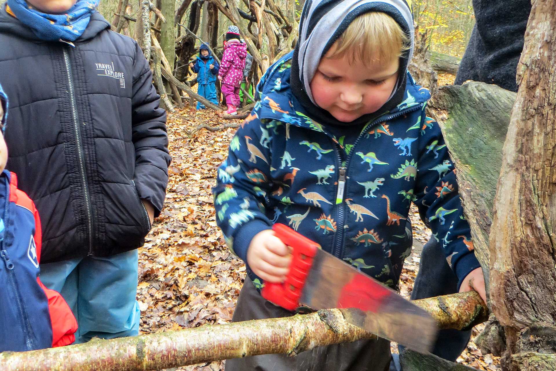 Ein Kleinkind bearbeitet mit einer Säge einen Ast im Wald. Im Hintergrund schauen Kinder zu und zwei Kind spielen im Wald.