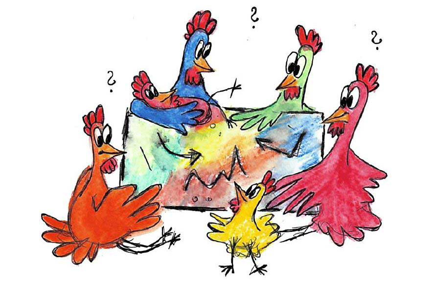 Ein Foto von sechs Hühnern die gemeinsam an einem Problem arbeiten um Lösungen zu finden. Es soll ein Familienrat dargestellt werden.