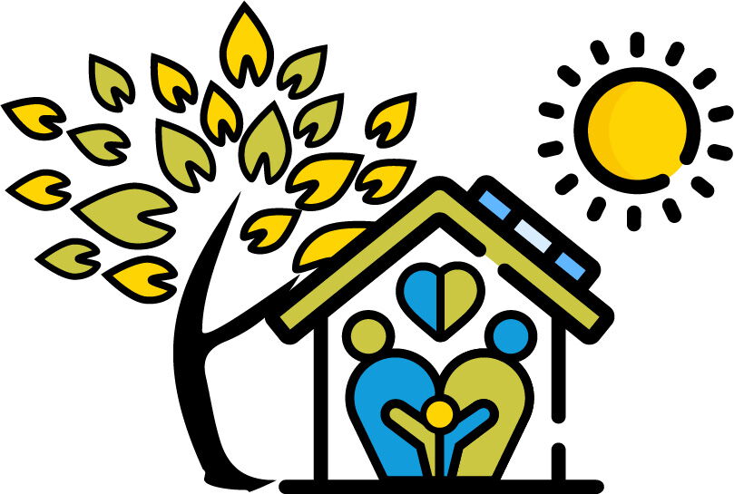 Das Logo des Naturkinderhaus Esche mit einem Baum, einen Haus mit einer Familie im Mittelpunkt und einer Sonne in der rechten oberen Ecke des Logos.