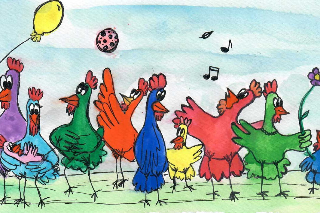 Ein Bild mit zehn Hühnern unterschiedlichen Alters und verschiedener Farbe. Es soll eine große Familie dargestellt werden.