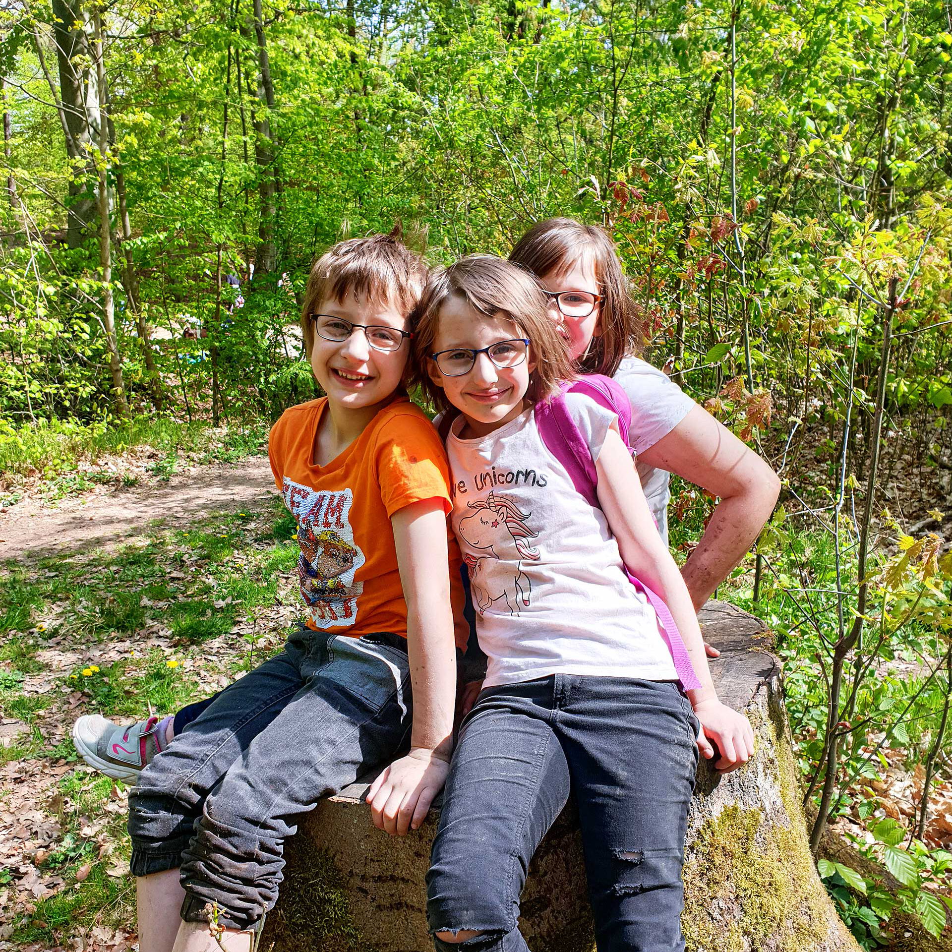 Drei Kinder sitzen auf einem Baumstumpf.